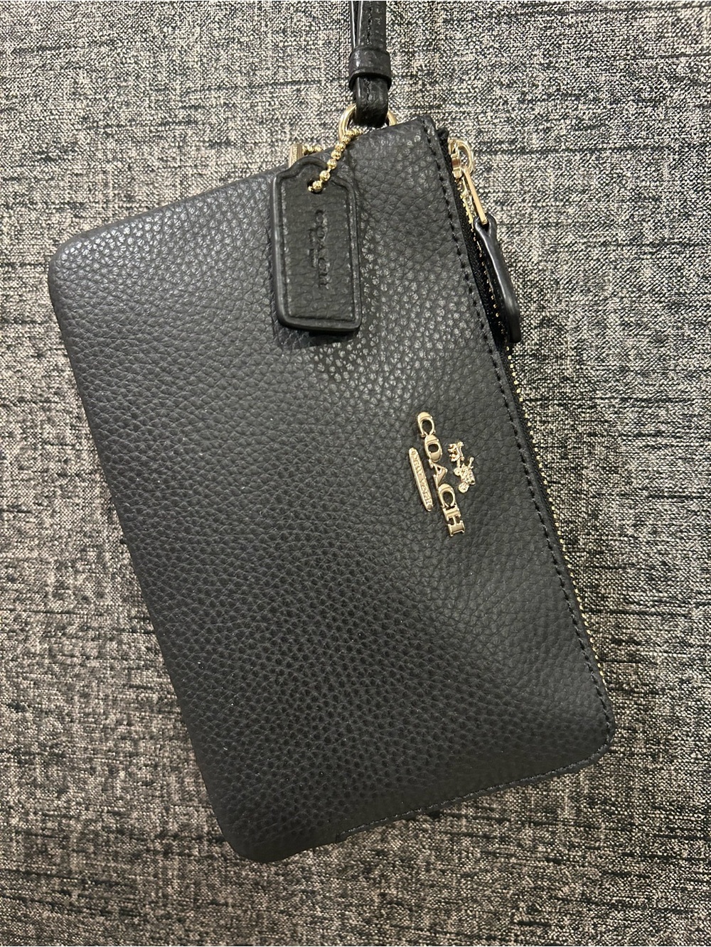Coach Black Pebbled Leather Wristlet with Gold Logo